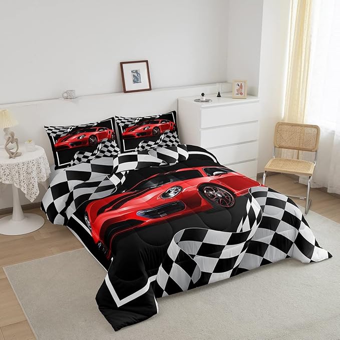 Red Race Car Comforter Set Twin Size, Black White Lattice Bedding Set 2pcs for Kids Boys Teens Room Decor,Extreme Sport Games Quilt Set,Cool Modern Duvet Insert with 1 Pillowcase