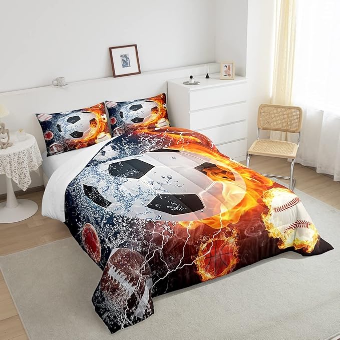Erosebridal Boys Soccer Bedding Set Football Sports Full Comforter Set for Kids Teens Youth Bedroom Decor Lightning Baseball Quilt Duvet Water Fire Basketball Comforter with 2 Pillow Cases Red Blue