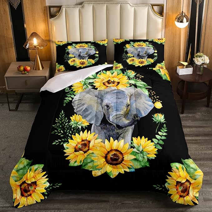 Elephant Comforter Set, Yellow Sunflower Down Comforter Twin Size for Kids Girls Teens Adult Bedroom Decor, African Safari Animal Duvet Sets Floral Petal Country Bedding Set with 1 Pillow Case
