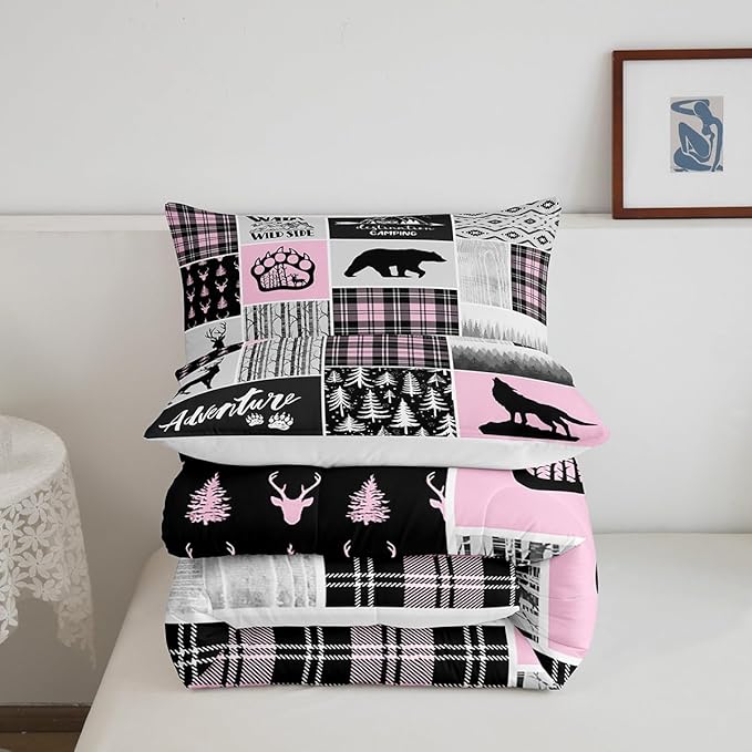Rustic Farmhouse Comforter Set Twin Size,Deer Bear Wolf Hunting Animals Bedding Set for Kids Boys Girls Adults Room Decor,Pine Trees Patchwork Down Comforter,Pink Xmas Duvet Insert,1 Pillowcase