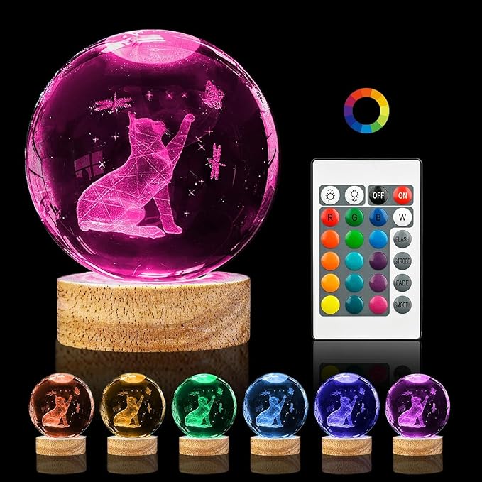 Cat Gifts for Cat Lovers for Women, Large 3D Cat Night Light, Crystal Cat Figurines Lamp 16 Color Changing with Remote Control for Bedroom Decor, Cat Play with Butterfly