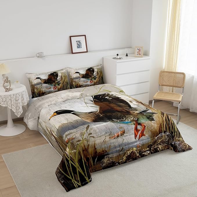 Mallard Duck Bedding Set Boys Girls Wild Duck Hunting Comforter Set for Kids Women Men Soft Lodge Cabin Farmhouse Comforter Quilt Room Decor Twin Size Duvet Set Boys