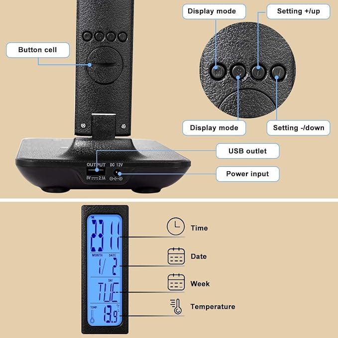 LED Desk Lamp, Dimmable Eye-Protecting Table Lamps with Night Light, USB Charging Port, 4 Color Temperature Modes, 5 Brightness Levels, 1H Timer, Touch Control for Home Office Bedroom (Black)