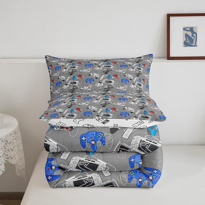 Erosebridal Gaming Comforter Set for Boys Video Games Gamer Bedding King Size Teens Kids Games Room Decor Reversible Quilt for All Season Home Decoration Cool Gamepad Print Down Comforter, Grey White