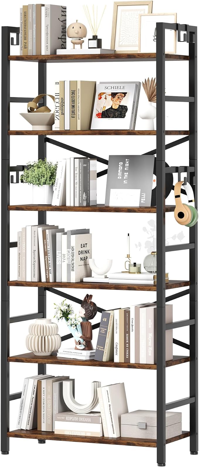 6 Tier Bookshelf, Industrial Bookcase with 8 Hooks, Vintage Storage Rack with Open Shelves, Rustic Standing Bookshelves Metal Frame Display Rack for Living Room, Bedroom, Rustic Brown