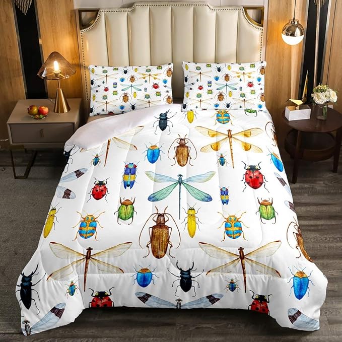 Kids Dragonfly Down Comforter, Ladybug Insect Comforter Set Twin Size for Children Boys Girls Teens, Reptile Pattern Bedding Comforters Colorful Lightweight Duvet Insert Dragonfly Gifts for Women