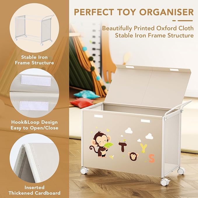 Toy Box Toy Storage - 72L Kids Toy Organizer with Wheels Toy Chest Storage Bins with Lids, Toy Boxes for Girls Boys, Stuffed Animals, Clothes, Bedroom, Living Room （beige）