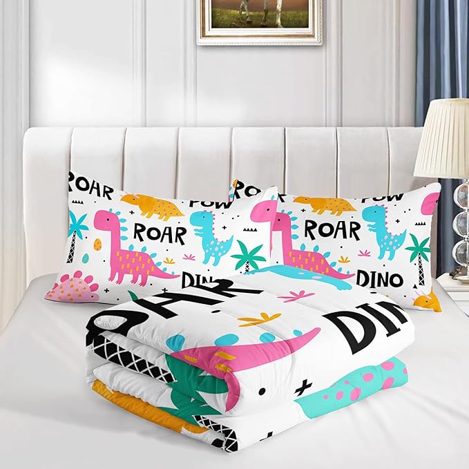Axolotl Girls Bedding Cartoon Dinosaur Comforter Set Queen Size,Cute Dinosaur Bedding Set for Girls Teens Kids Boys Adults Room Decor,Kids Comforter Set All Season,1 Quilt 2 Pillow Cases,White