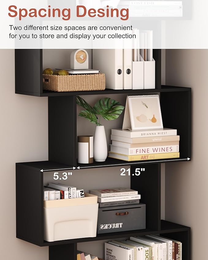 Yusong Bookshelf 5-Tier, Geometric Bookcase S Shaped Book Shelves for Bedroom, Modern Wood Decorative Display Shelf Book Case for Home Office, Black