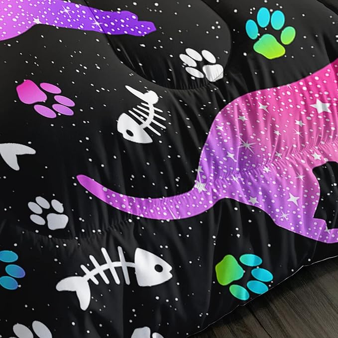 Cute Cat Comforter Kids Bedding Set Twin,3Pcs Soft Paw Fish Bone Print Quilt Set Bed in A Bag with 1 Comforter 2 Pillowcases for Kids Boys Girls Teens Adults Room Decor All Season Gradient Purple Blue
