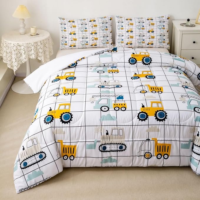 Feelyou Construction Truck Comforter Set Full Size Kids Machinery Truck Excavators Vehicles Comforter for Boys Teens Cartoon Tractor Bedding Set Excavator Tractor Plaid Grid White Duvet Set Quilt Set