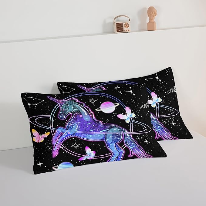 HOSIMA Unicorn Bedding Sets for Girls Kids,Butterfly Star Empty Galaxy Comforter,Unicorn Bedroom Decor for Girls Boys,Soft Microfiber Black Queen Comforter Set,Butterfly Crib Bedding Set.