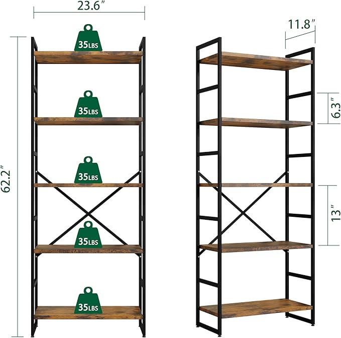 Shintenchi 2 Pieces 5 Tiers Bookshelf, Classically Tall Bookcase Shelf, Industrial Book Rack, Modern Book Holder in Bedroom/Living Room/Home/Office, Storage Rack Shelves for Books/Movies Brown