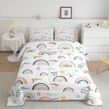 Erosebridal Rainbow Bedding Set for Kids Girls, Pink Love Heart Comforter Set Twin Size Cartoon Cloud Geometric Stripes Bedding Comforter for Boys Children Women Watercolor Art Girly Duvet Sets