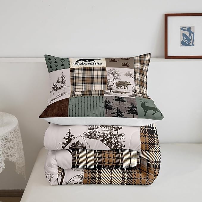 Rustic Farmhouse Kids Comforter Set Full Size,Deer Antlers Bear Paws Plaids Patchwork Bedding Set for Boys Girls Adults Room Decor,Pine Trees Arrows Down Comforter,Xmas Duvet Insert,2 Pillowcases
