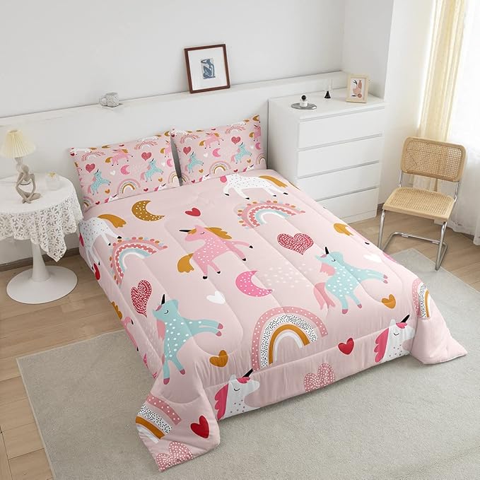Feelyou Unicorn Comforter Set Kids Cute Cartoon Unicorns Decor Comforter for Girls Pink Bedding Set Rainbow Duvet Set Twin Size Quilt Boys