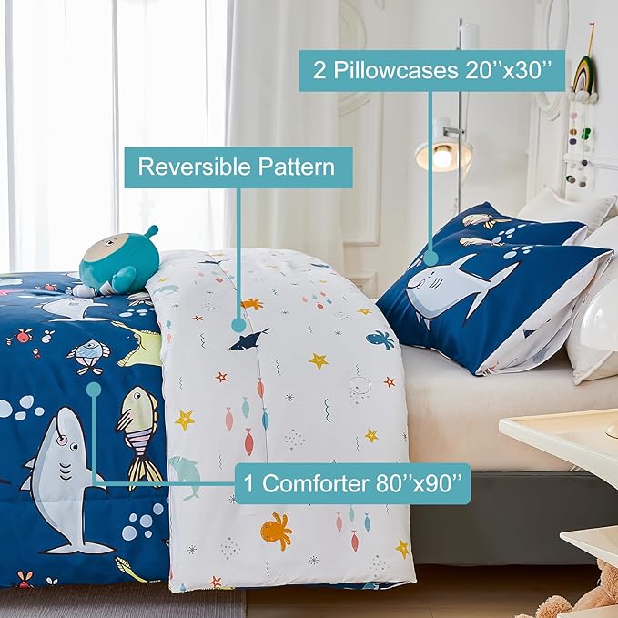 WINLIFE 3 PCS Full Comforter Set for Boys, Super-Soft Reversible Teen Bed Sets Comforter, Ocean Theme Printed Comforter, Easy Wash Bedding Quilt (3PCS, Navy Blue, Sharks/Dolphins/Fish)