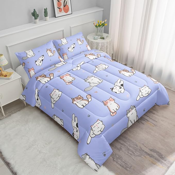 Datura home Purple Kawaii Cat Comforter Bedding Set for Girls Kitten Purple Print Cute Animal Pattern with 1 and 2 Pillowcases Bedroom All Season(Cat Purple Twin), Twin 68x86inches