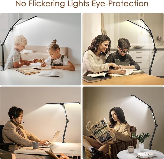 LED Desk Lamp, Flexible Desk Light with Clamp, Dual Light 25 Lighting Eye-Caring Modes Table Lamp with Solid Base, Eye-Caring Desk Lamp with Remote Control,Reading Desk Lamps for Home Office