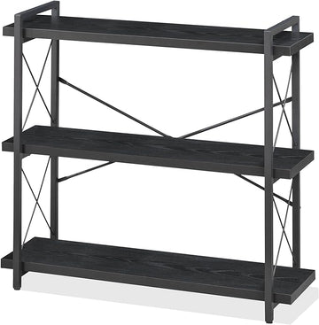 HCHQHS Bookshelf, 3-Tier Industrial Bookcase, Black Open Book Shelf, Freestanding Horizontal Bookshelves with Metal Frame