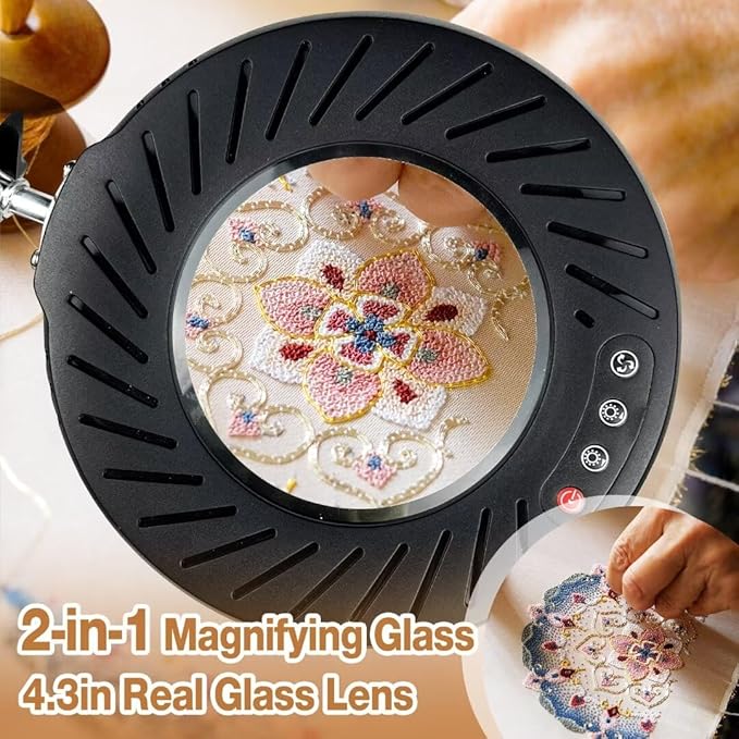 2-in-1 Large Magnifying Glass with Light and Stand-Lighted Magnifying Glass Magnifying Lamp 5 Color Modes Stepless Dimmable-Hands Free Desk Magnifying Glass with Light for Close Work Reading Repair