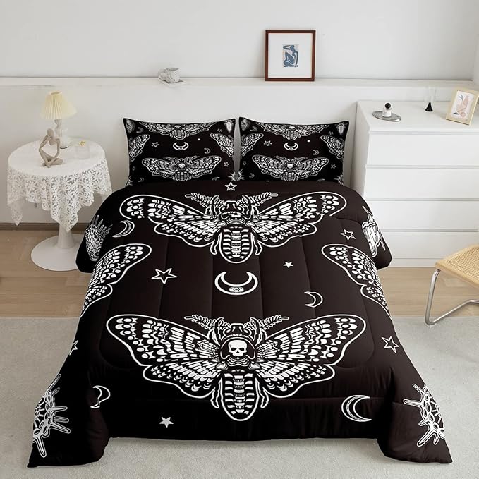 Boys Boho Moth Comforter Set Full Size Men Gothic Skull Bedding Set for Girls Women Bedroom Decor Bohemian Moon Star Comforter Personalized Moth Skull Skeleton Bones Duvet Set Teens Quilt Set