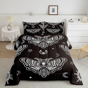 Feelyou Boys Boho Moth Comforter Set Twin Size Men Gothic Skull Bedding Set for Girls Women Bedroom Decor Bohemian Moon Star Comforter Personalized Moth Skull Skeleton Bones Duvet Set Teens Quilt Set