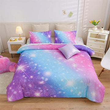 A Nice Night 6Pcs Gradient Glitter Bedding Set for Girls, Colorful Rainbow Galaxy Comforter Set, Ultra Soft Bedding Sets (Purple,Queen 6Pcs)