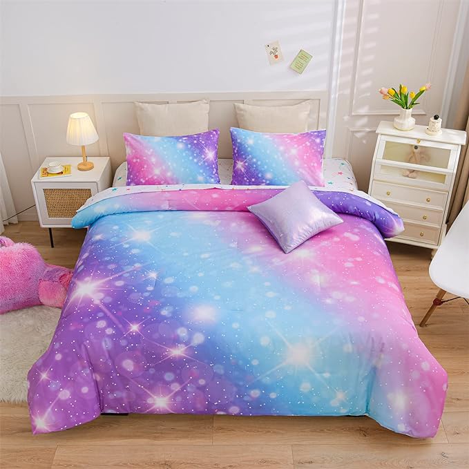 A Nice Night 6Pcs Gradient Glitter Bedding Set for Girls Full Size, Colorful Rainbow Galaxy Comforter Set, Ultra Soft Bedding Sets, Purple