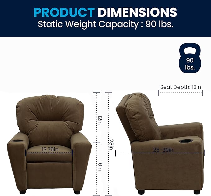 Flash Furniture Chandler Microfiber Kids Recliner with Cup Holder and Safety Recline, Contemporary Reclining Chair for Kids, Supports up to 90 lbs., Brown