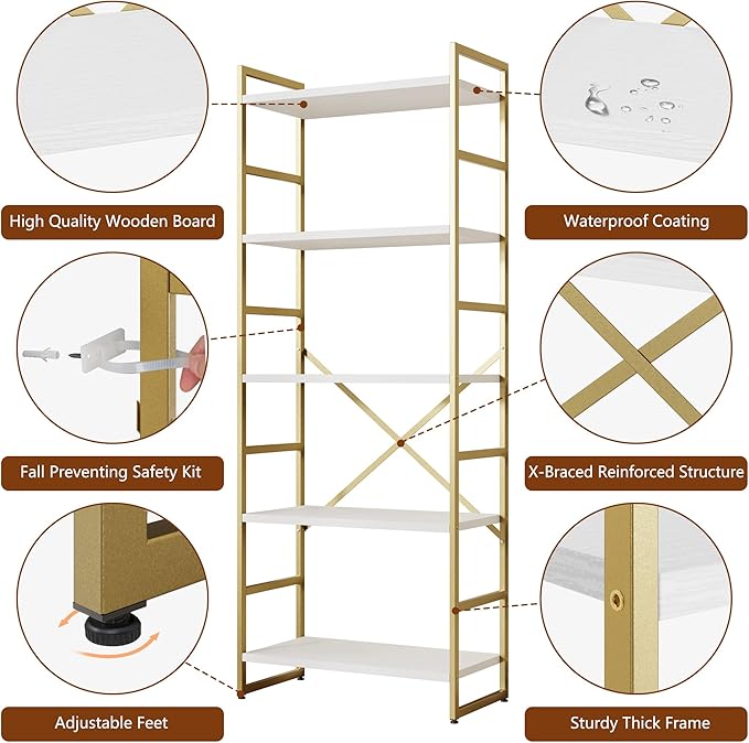 Shintenchi 5 Tiers Bookshelf, Classically Tall Bookcase Shelf,Industrial Book Rack,Modern Book Holder in Bedroom/Living Room/Home/Office, Storage Rack Shelves for Books/Movies,Gold