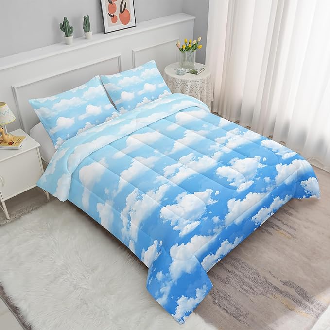 Axolotl Blue Cloud Comforter Set Twin,Light Blue Bedding Set,Cloud Sky Comforter Set Blue Sky and White Clouds Design Bedding Set,Sky Blue Comforter for Kids Girls Boys Teens,1 Quilt 2 Pillowcases