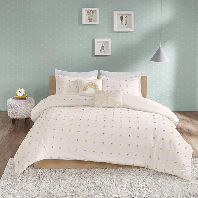 Duvet Cotton Jacquard Weave Colorful Poms Accent, Shabby Chic Cover for Comforter Cozy Bedding Set, Matching Shams, Decorative Pillows, Full/Queen, Multi, Twin/Twin XL, 4 Piece