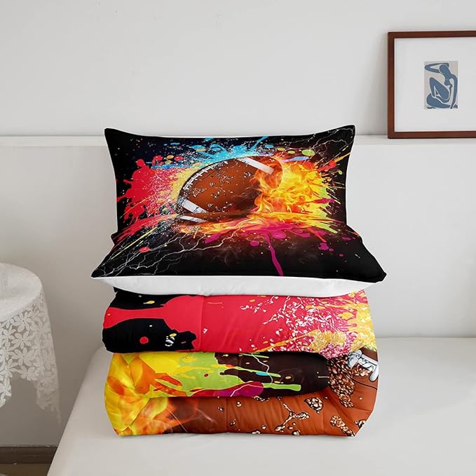 Erosebridal Football Comforter Set for Teen Boys Kids Hippie Tie Dye Sports Football Bedding Sets Rugby Bed Quilt Set Twin Size 1 Comforter and 1 Pillow Case Colorful Sport Theme Bedroom Decor
