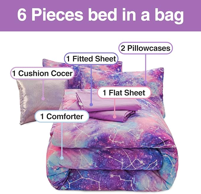 Btargot Lightweight Microfiber 6 Piece Comforter Set, Tie Dye Galaxy Constellation Pattern Bedding Set for Boys Girls Teen, Queen Purple