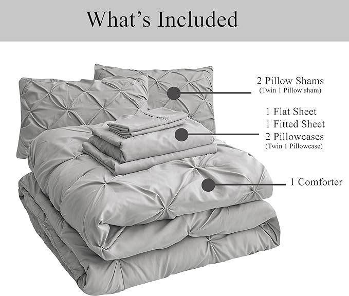 LANE LINEN Twin XL Comforter Set, 5 Piece Twin XL Bedding Set, Pintuck Twin XL Bed in a Bag, Twin XL Bed Set, Twin XL Bed Comforter Set with Sheets, Pillowcase & Sham, Bedding Comforter Sets - Silver