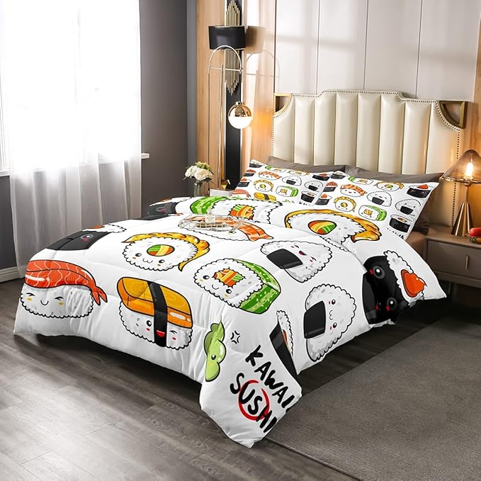 Erosebridal Kawaii Sushi Pattern Comforter Set King, Japanese Style Down Comforter, Food Theme Quilted Duvet for Kids Boys Girls Teens, Cute Cartoon Japanese Sushi Quilt Set Room Decorative