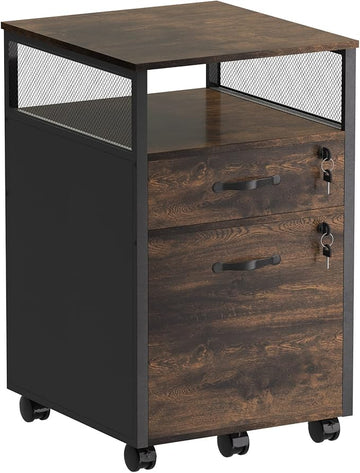 2 drawer file cabinet with lock, Wood Filing Cabinet for Home Office with Wheels and Open Shelf, Small Rolling Printer Stand and Under Desk File Cabinets for A4/Letter-Size Files-Brown