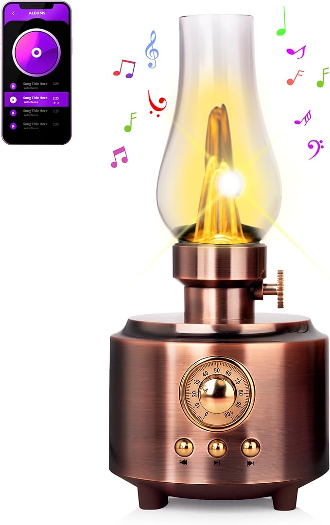 Vintage Table Lamp Retro Bluetooth Speaker Rechargeable Portable Night Light Flameless LED Oil Lamp Bedside Desk Lamp for Bedroom, Cafe, Bar, Desk Decor, Outdoor Camping Birthday Gifts for Kids Women