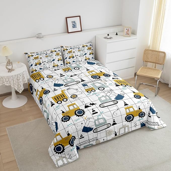 Construction Comforter Set Full Size Kids Excavator Tractor Toddler Comforter Cartoon Car Equipment Trucks Plaid Grid Comforter Set Construction Vehicles White Yellow Duvet Set