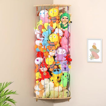 Stuffed Animal Storage Toy Organizer, Wood Corner Plushies Storage Wall Shelf Adjustable Length Stuffed Animal Holder, Large Kids Toy Storage for Nursery Playroom Bedroom Kid Room