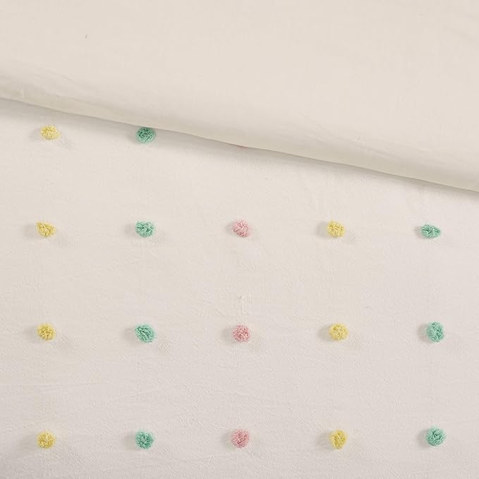 Callie Cotton Jacquard Weave Colorful Pom Pom Kids Comforter sets, Down Alternative Shabby Chic All Season Girls Bedding, Bedroom Decor, Full/Queen, Multi 5 Piece
