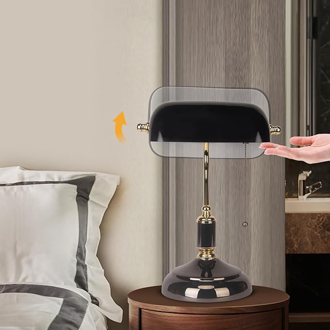 FIRVRE Bankers Desk Lamp with Pull Chain Switch Plug in Fixture, Black Glass Shade Desk Lamps, Golden and Black E26 Base, Traditional Library Lamp for Office,Piano,Study Room