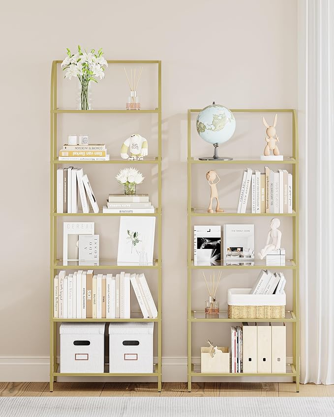 Bookcase Bookshelf, Tempered Glass Arched Bookshelf for More Storage, Slim Shelving Unit for Bedroom, Bathroom, Home Office, Steel Frame, Wide 6 Tier Gold BC22699G