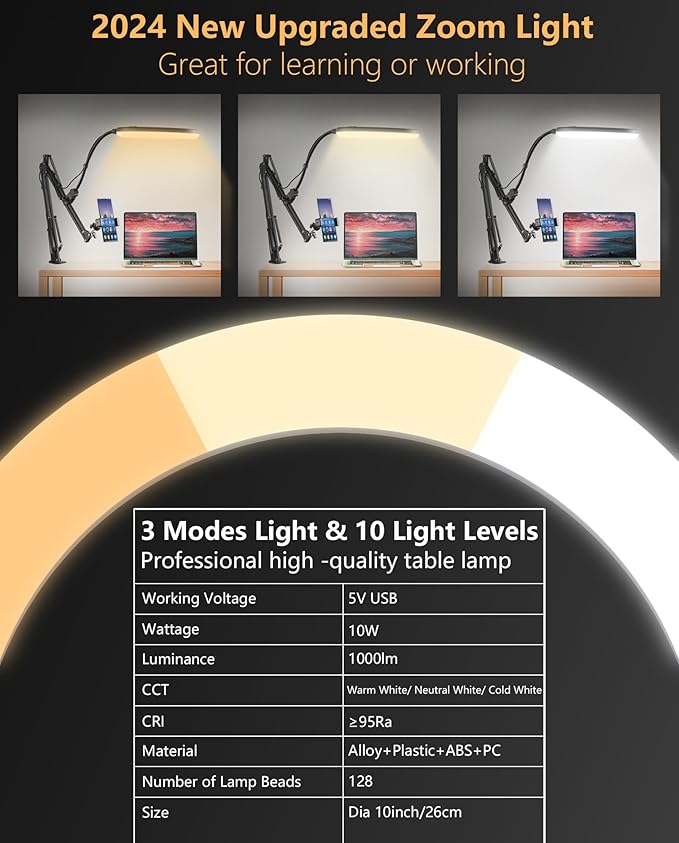 Zoom Lighting for Computer Video Conference, 10 Inch Ring Light with Stand for Video Recording, Working, Learning, Zoom Call, Webcam Laptop Light with Phone Holder for Podcast Live Streaming