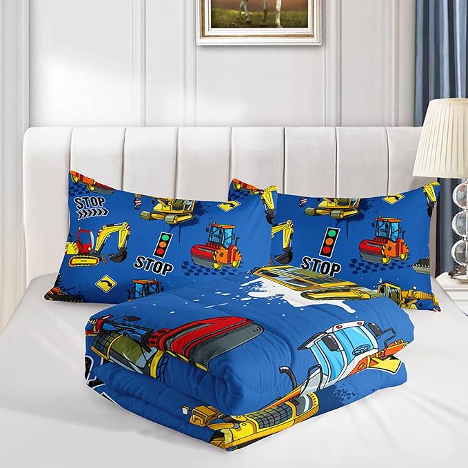 Axolotl Blue Excavator Bedding Full,3Pcs Boys Construction Comforter Set,Cartoon Machinery Truck Bedding Set for Boys Kids Children Teens Bedroom Decor Cars Quilt Set with 1 Comforter 2 Pillowcase