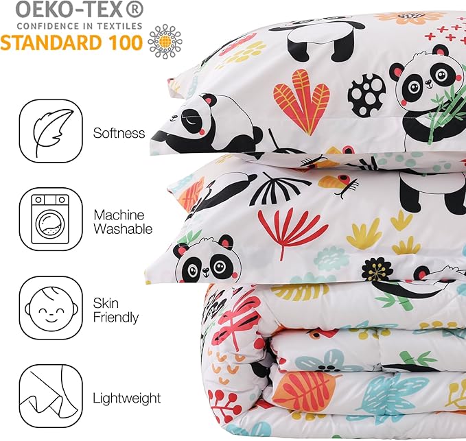 JSD Panda Flower Kids Comforter Set, 3 Pieces Full Microfiber Comforter with Pillow Shams, Soft Comfortable Machine Washable