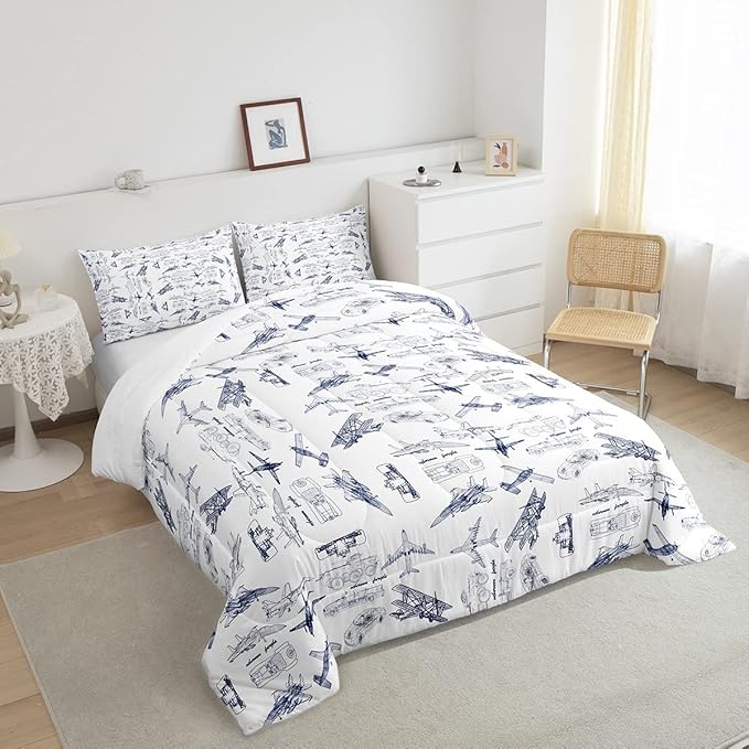 Feelyou Aircraft Bedding Set Kids Airplane Print Comforter Set Boys Girls Decor Aircraft Flying Comforter Cover Set Microfiber Sketch Style Blue White Duvet Set Bedroom Quilt Set Queen Size