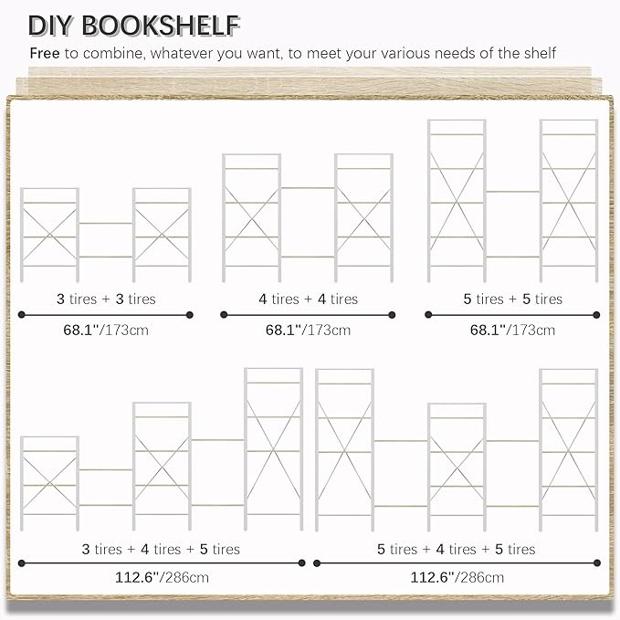 4NM Bookshelf Industrial Bookcase 5 Tier Home Office Adjustable Bookshelves Storage Shelves Organizer Vintage Book shelf Display Rack for Living Room, Bedroom,Home - Natural