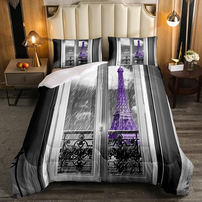 Erosebridal Purple Eiffel Tower Comforter Set Full,vintage France Paris Bedding Set for Girls Teens Women Retro City Building Down Comforter Romantic Rainy Day Quilt Set 2 Pillow Cases Bedroom Decor